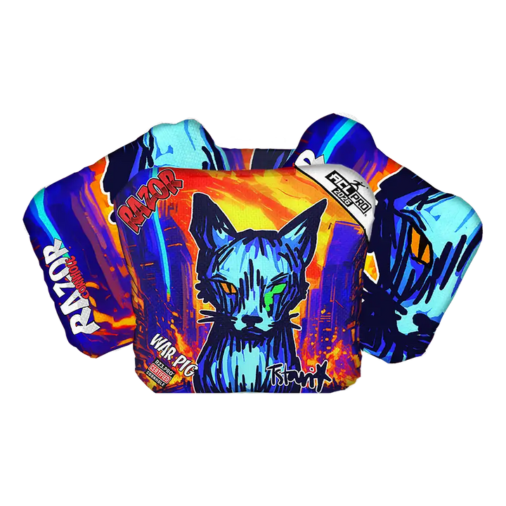 Colorful Cornhole bags with a cat illustration and brand names on a white background