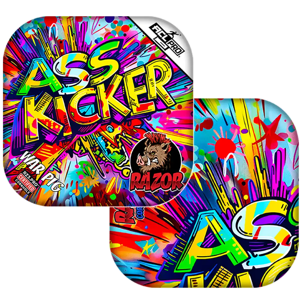 Colorful Kicker Cornhole bags with vibrant graphics and text.