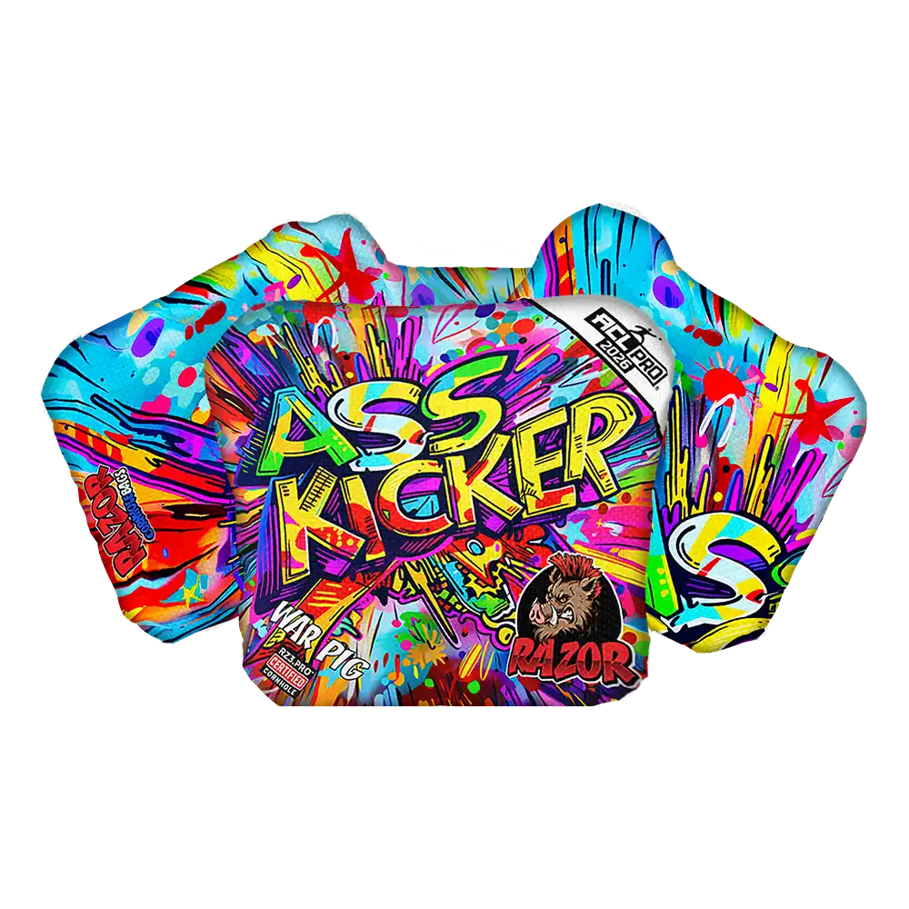 Colorful Kicker Cornhole bags with vibrant design on a white background