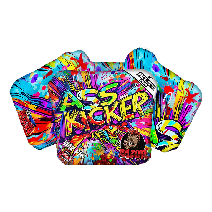 Colorful Kicker Cornhole bags with vibrant design on a white background