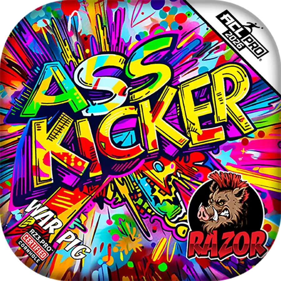 Colorful cornhole bags with KICKER text and various graphics.