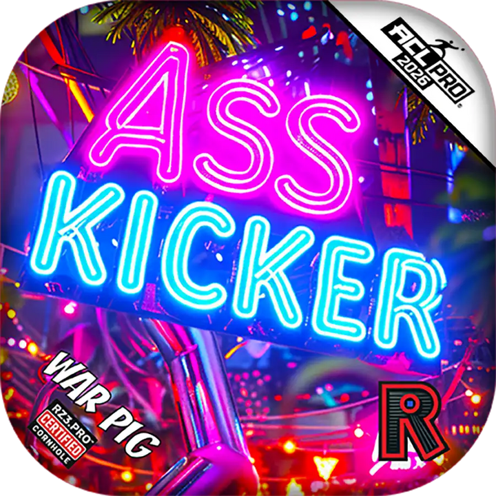 Cornhole bags with neon sign on a colorful background
