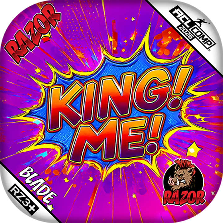 Colorful product packaging with 'KING! ME!' text and Razor branding.