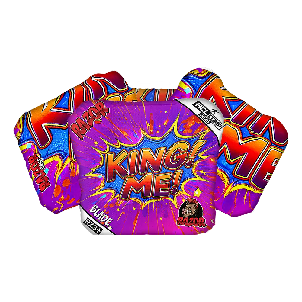 Colorful bag that has text KING ME on a cornhole bag
