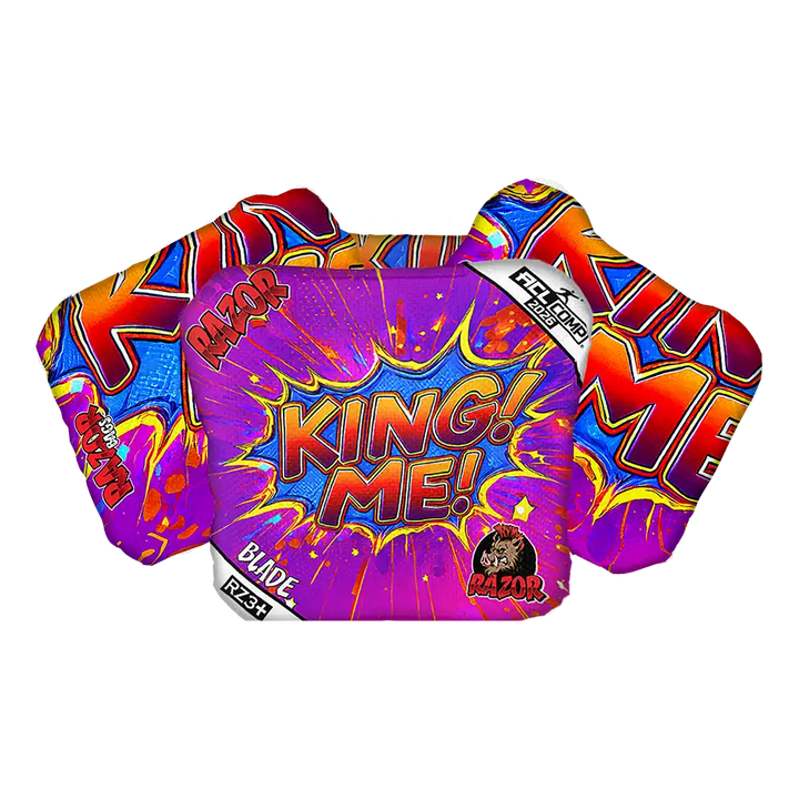 Colorful bag that has text KING ME on a cornhole bag