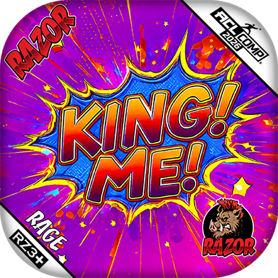 Colorful Cornhole Bag with 'KING! ME!' text and Razor branding.