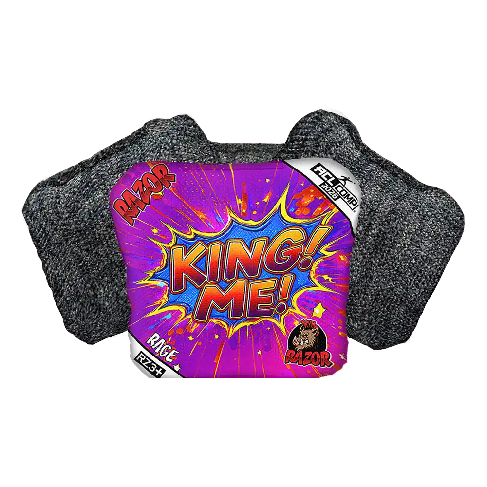 Cornhole Bags with a colorful 'King Me!'  on a white background