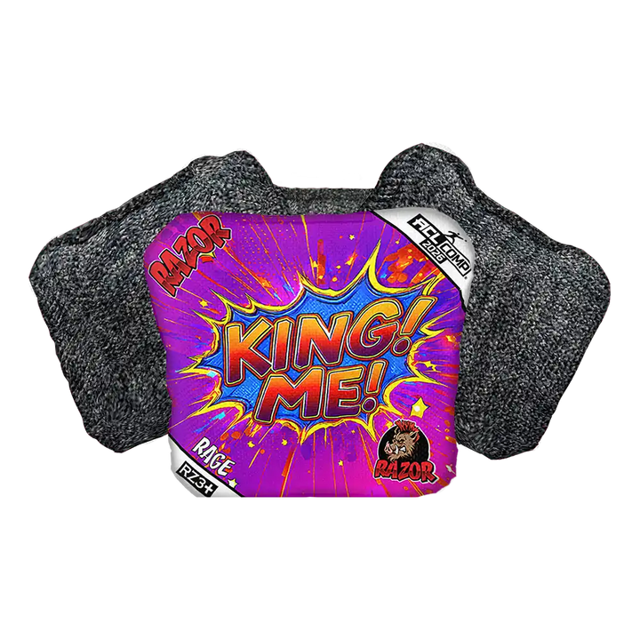 Cornhole Bags with a colorful 'King Me!'  on a white background
