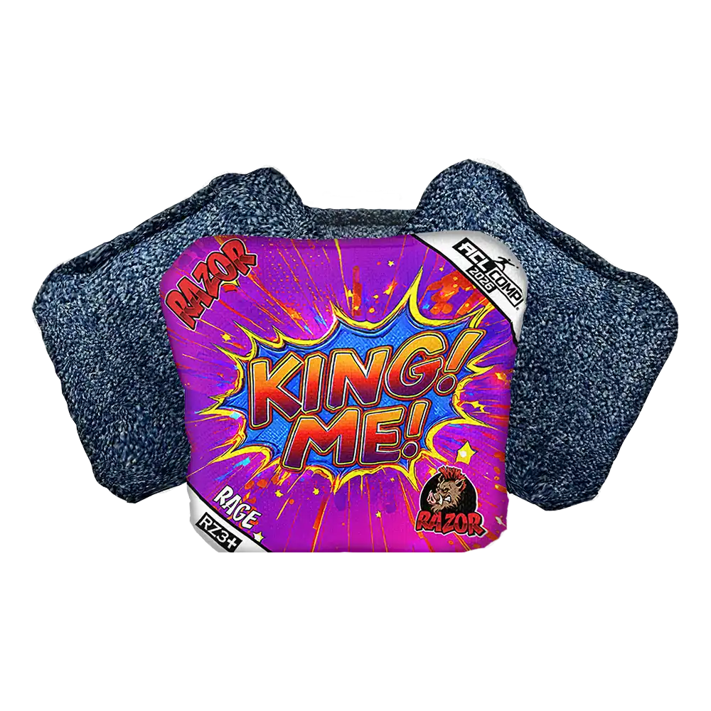 Cornhole Bagwith 'King Me!' text and colorful design on a white background