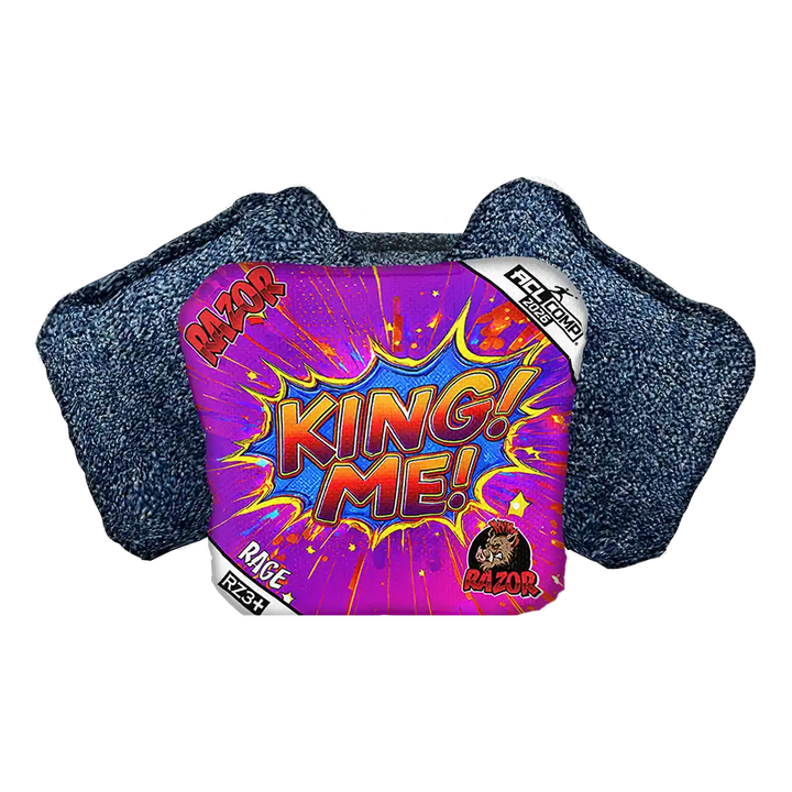 Cornhole Bagwith 'King Me!' text and colorful design on a white background