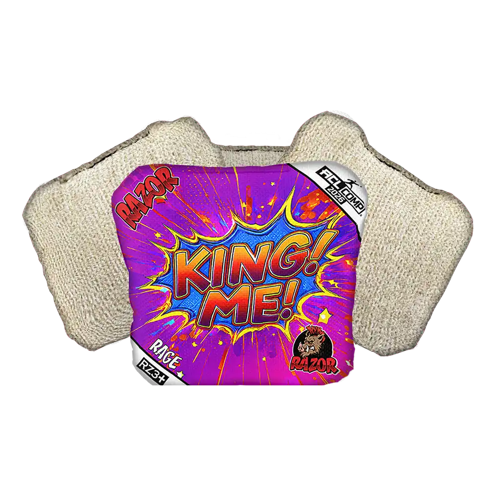 Cornhole Bag with 'King Me!' text on a white background