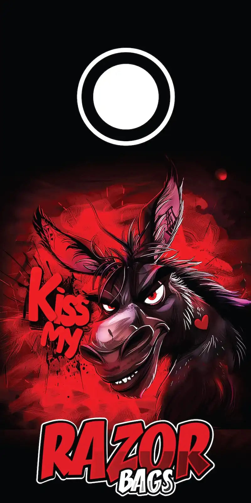 Cornhole bag design with a stylized animal face and text 'Kiss My Razor Bags' on a black background.