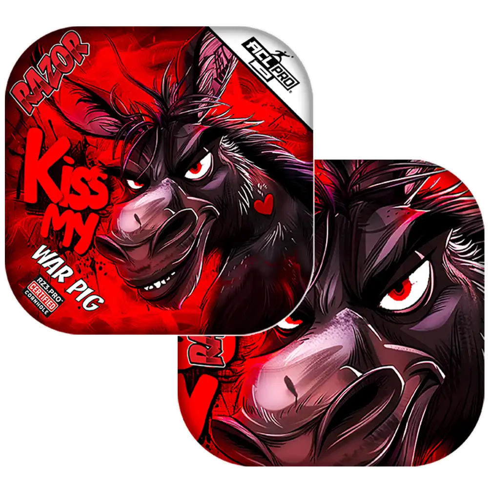 Cornhole bags with a fierce donkey illustration on a red background.
