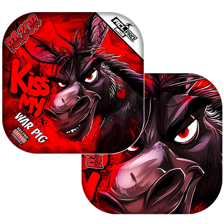 Cornhole bags with a fierce donkey illustration on a red background.