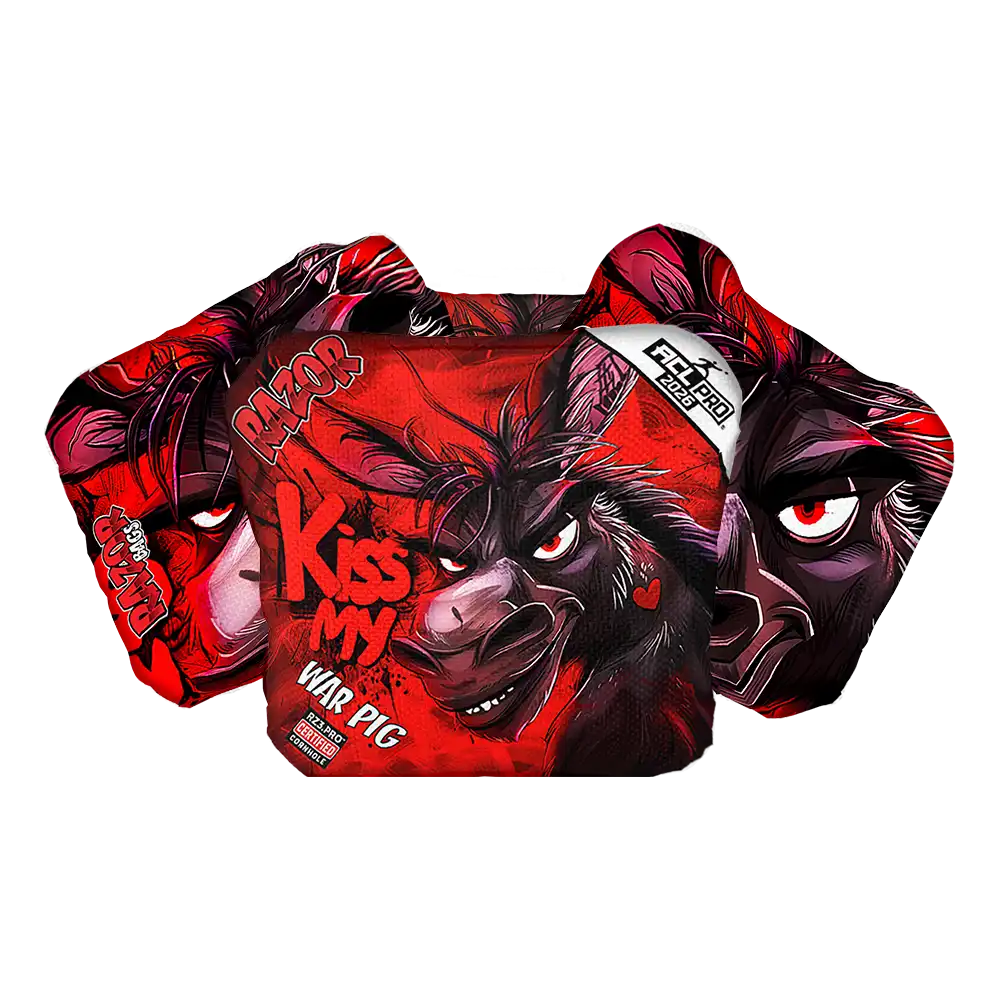 Cornhole bags with Red and black graphic design with a donkey and text on a white background