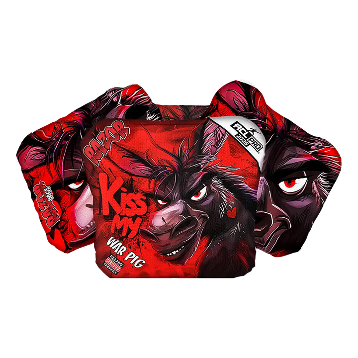 Cornhole bags with Red and black graphic design with a donkey and text on a white background