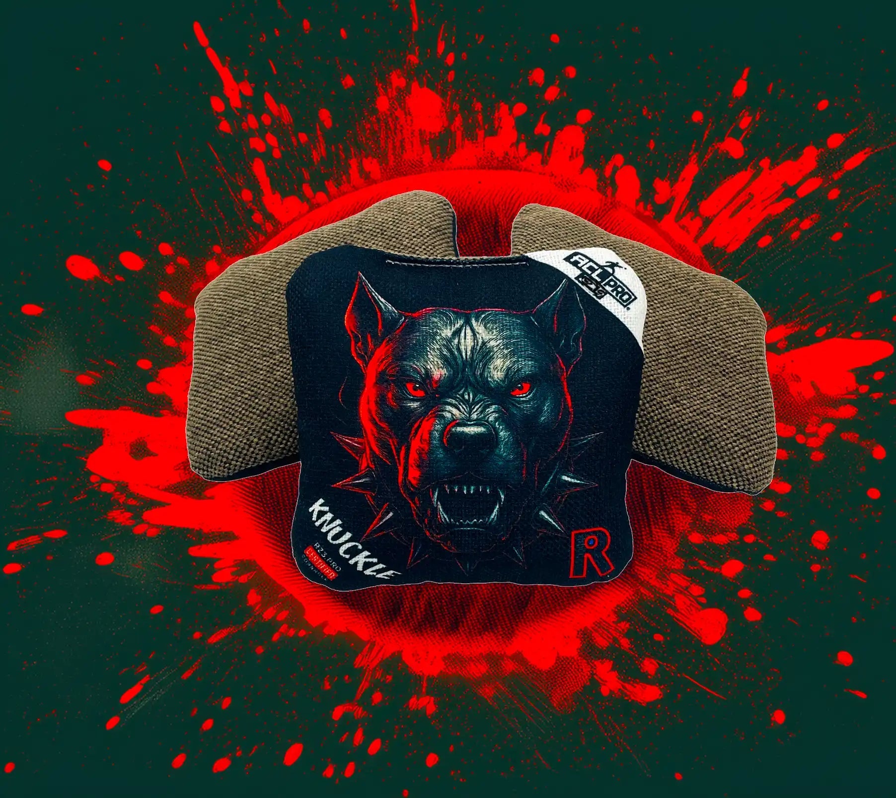 Cap with a pitbul graphic design on a dark background with red splashes