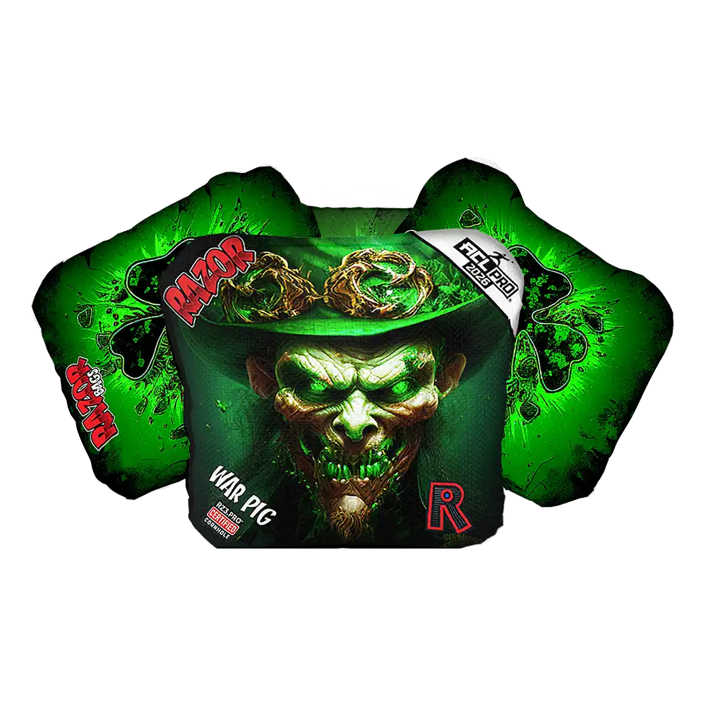 Cornhole bags with a fierce face design and Razor logo on a white background
