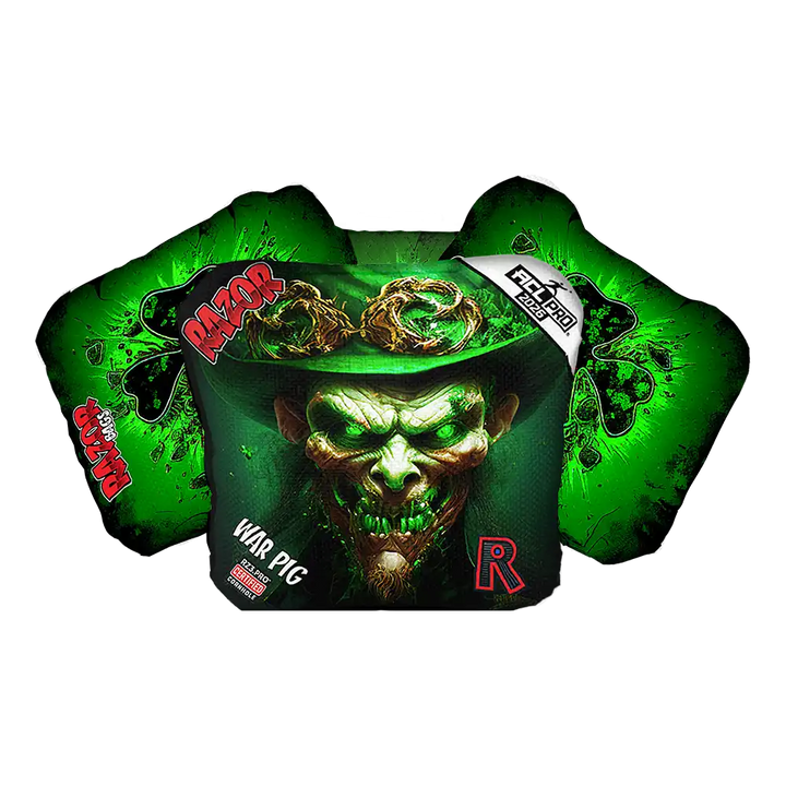 Cornhole bags with a fierce face design and Razor logo on a white background