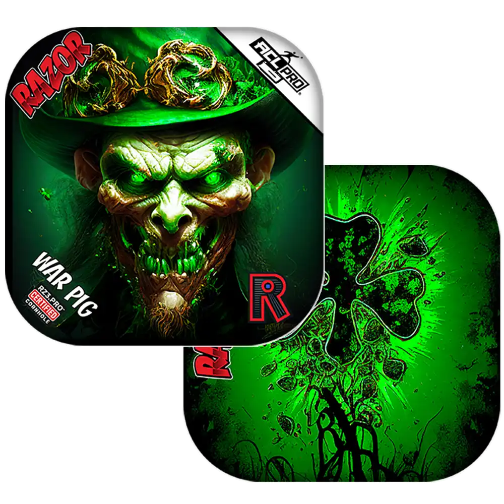 Cornhole bags with Green fantasy creature with a hat and glowing eyes on a dark background