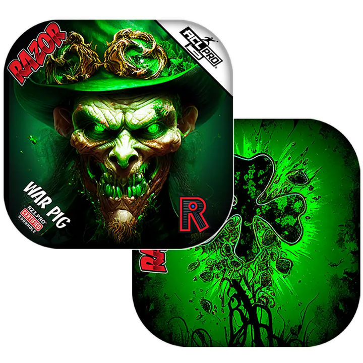 Cornhole bags with Green fantasy creature with a hat and glowing eyes on a dark background