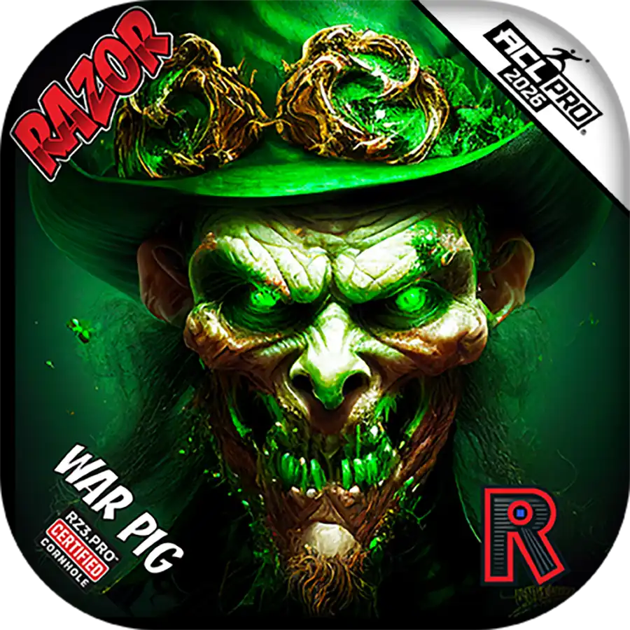 Cornhole bags with a green-skinned creature wearing a green hat, labeled 'War Pig' and 'Razor'.