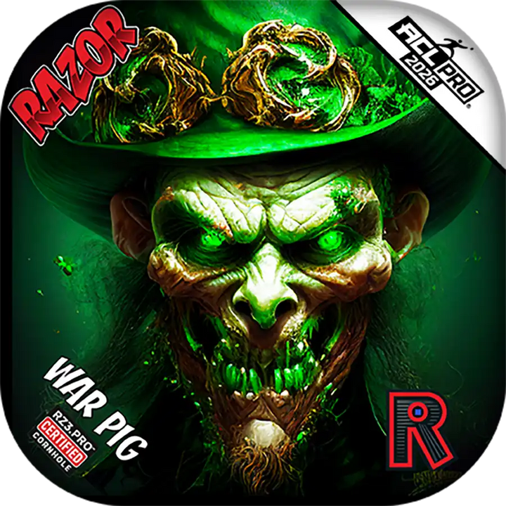 Cornhole bags with a green-skinned creature wearing a green hat, labeled 'War Pig' and 'Razor'.