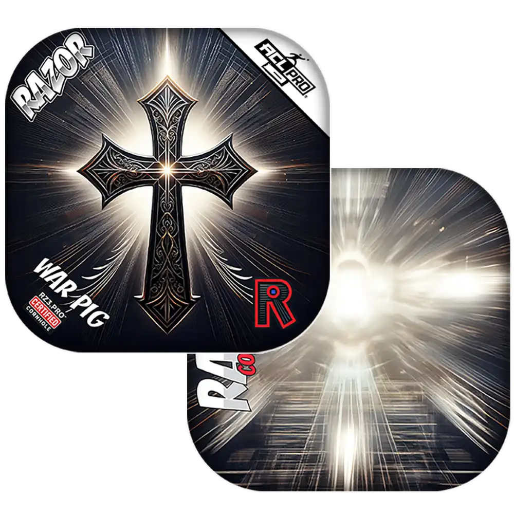 Cornhole bags with a prominent cross design on a black background.