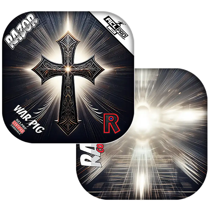 Cornhole bags with a prominent cross design on a black background.
