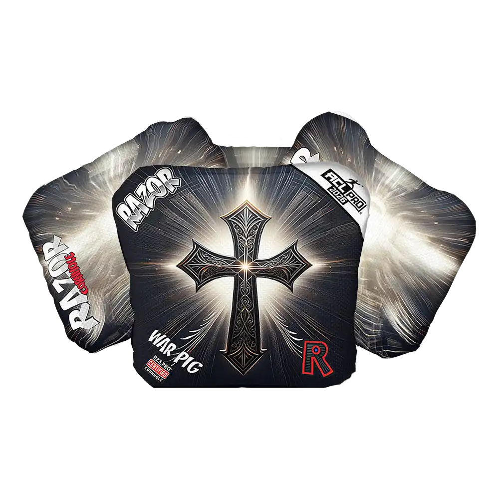 Cornhole bags with cross design and Razor logo on a white background