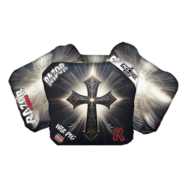 Cornhole bags with cross design and Razor logo on a white background