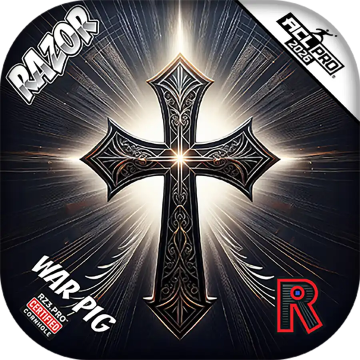 Razor War Pig Cornhole bags with intricate cross design and branding on a dark background