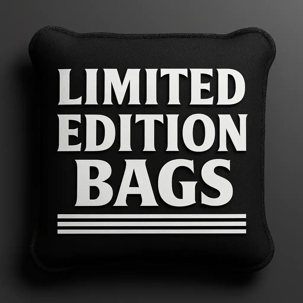 Cornhole bag with 'LIMITED EDITION BAGS' text on a dark background