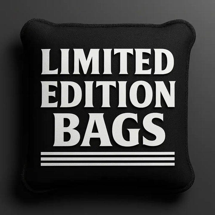 Cornhole bag with 'LIMITED EDITION BAGS' text on a dark background