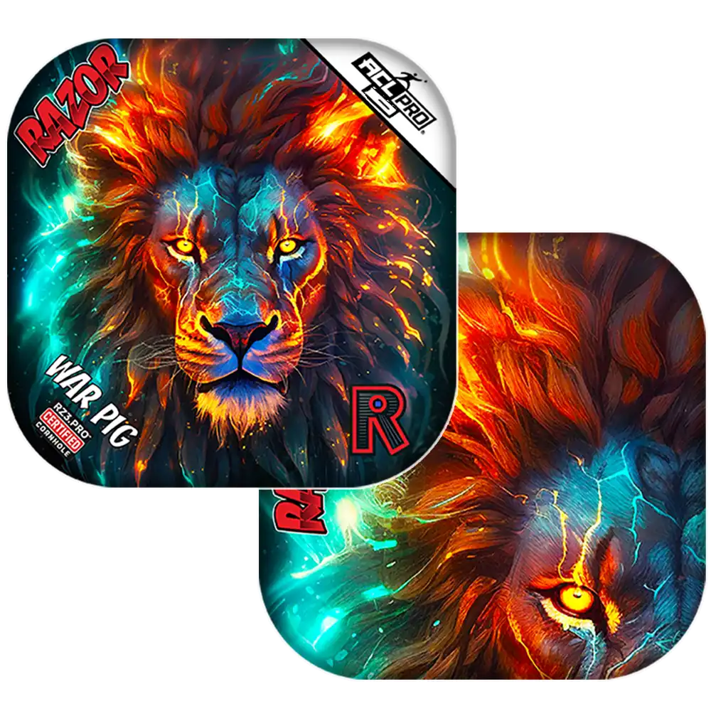 Cornhole bags with a Colorful lion design with glowing effects on a white background