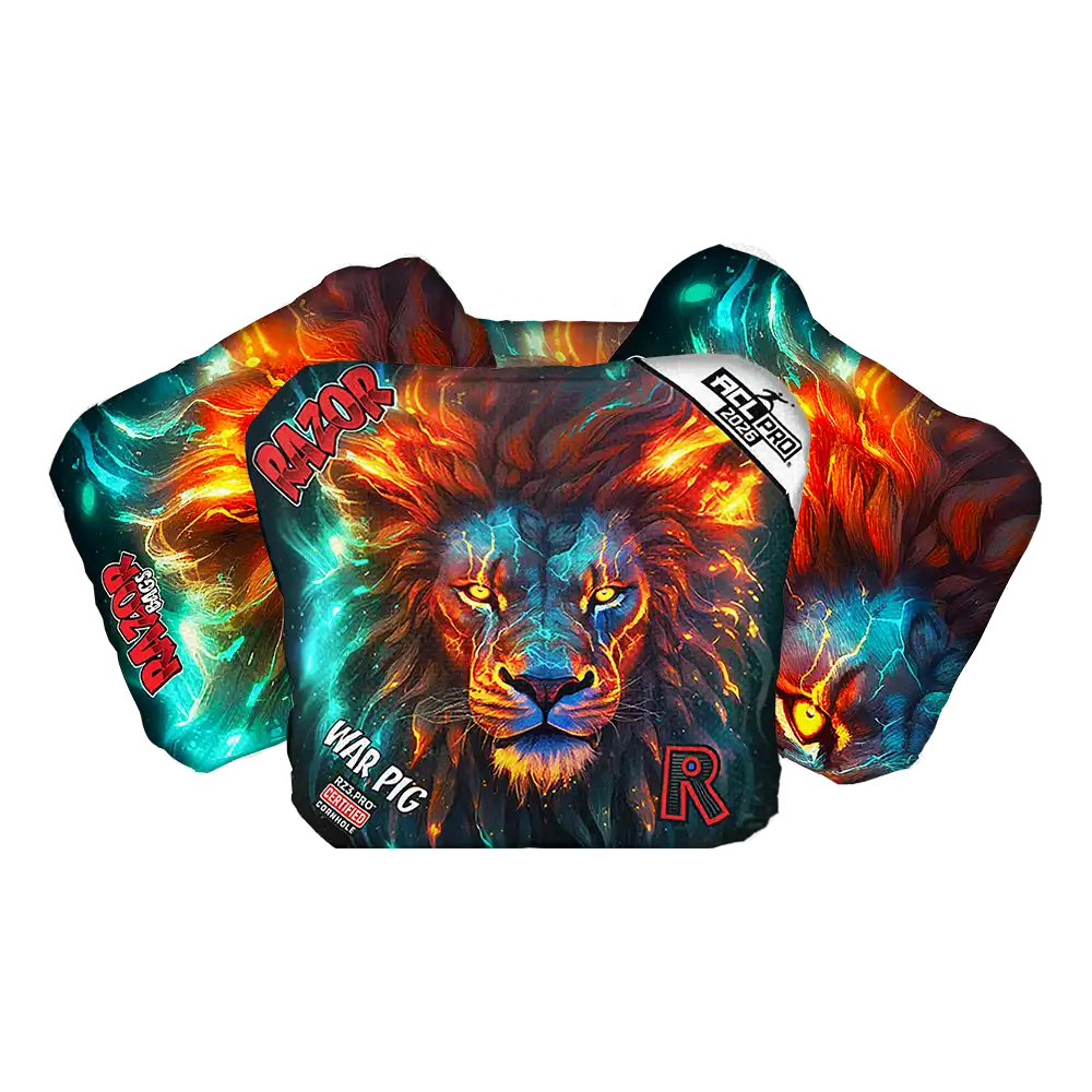 Cornhole bags with a Colorful lion graphic with branding on a white background