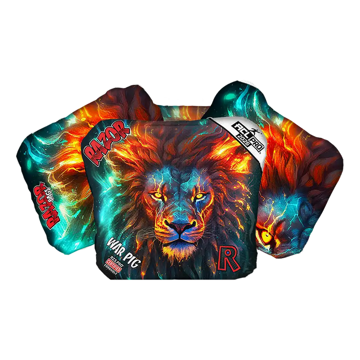 Cornhole bags with a Colorful lion graphic with branding on a white background