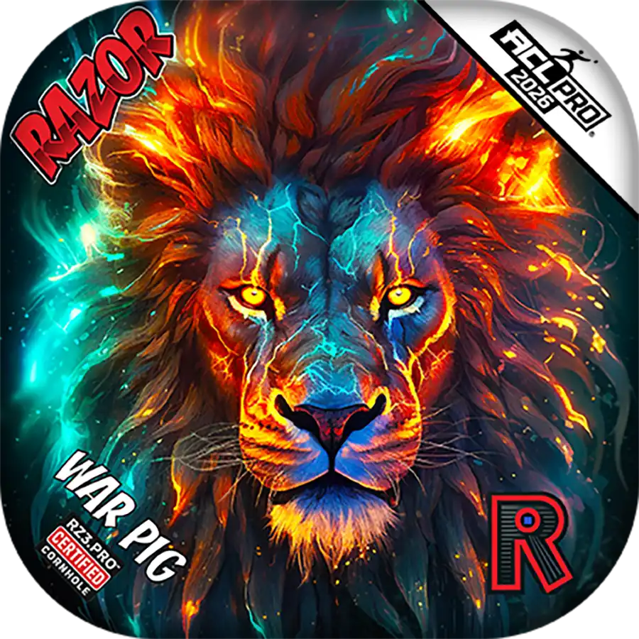 Cornhole bags Colorful lion graphic with 'Razor' and 'War Pig' text on a dark background
