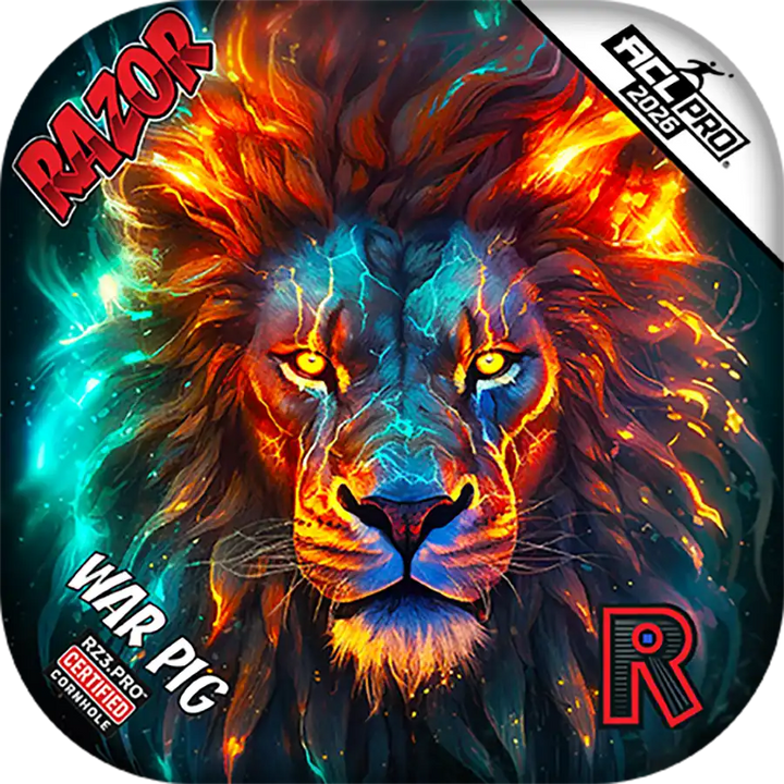 Cornhole bags Colorful lion graphic with 'Razor' and 'War Pig' text on a dark background
