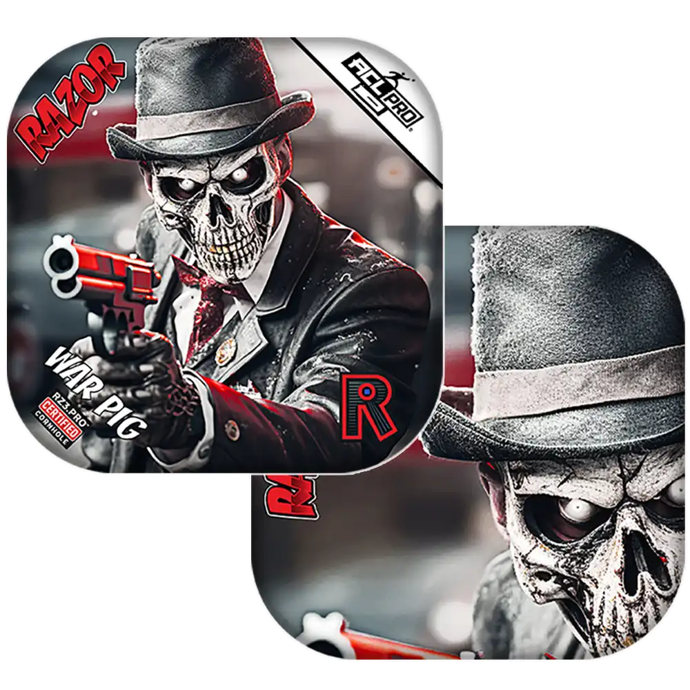 Cornhole bags with a skeleton in a suit and hat, featuring the brand 'Razor'.