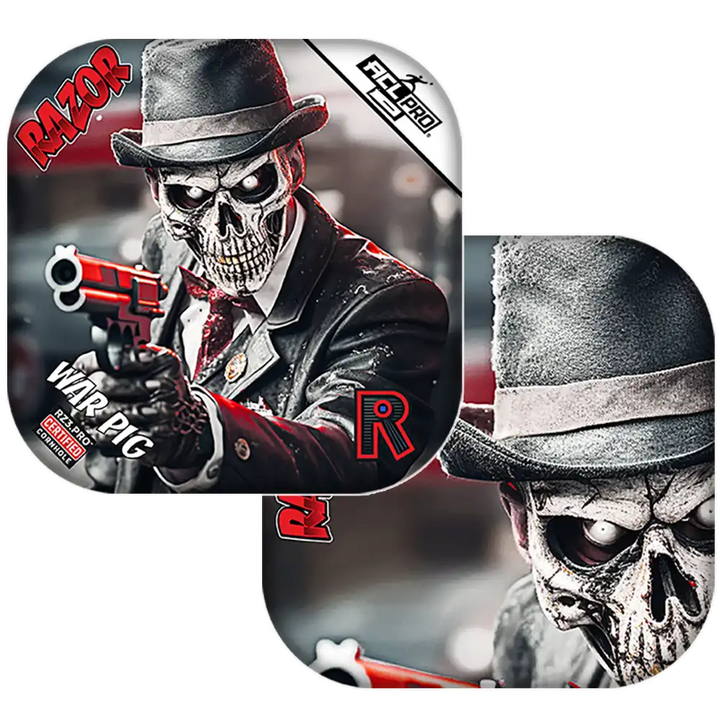 Cornhole bags with a skeleton in a suit and hat, featuring the brand 'Razor'.