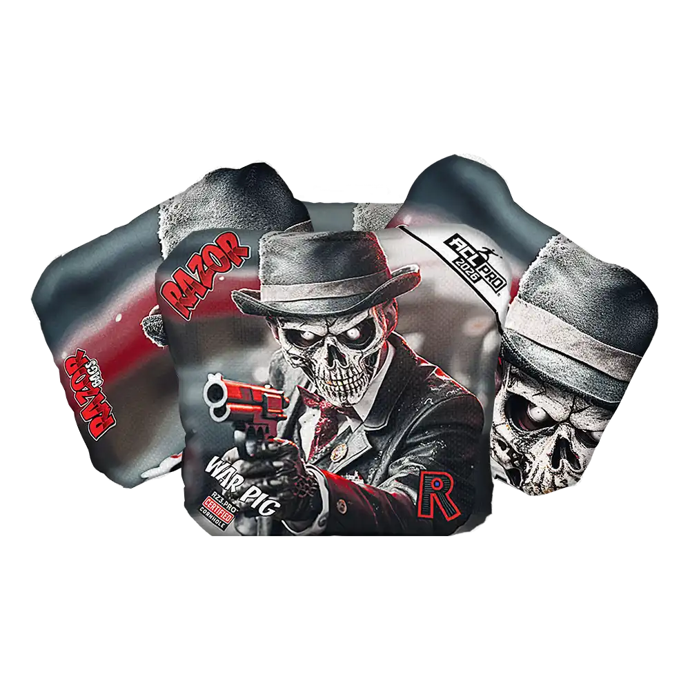 Cornhole bags with a skull in a hat and coat design, featuring the brand 'Razor'.
