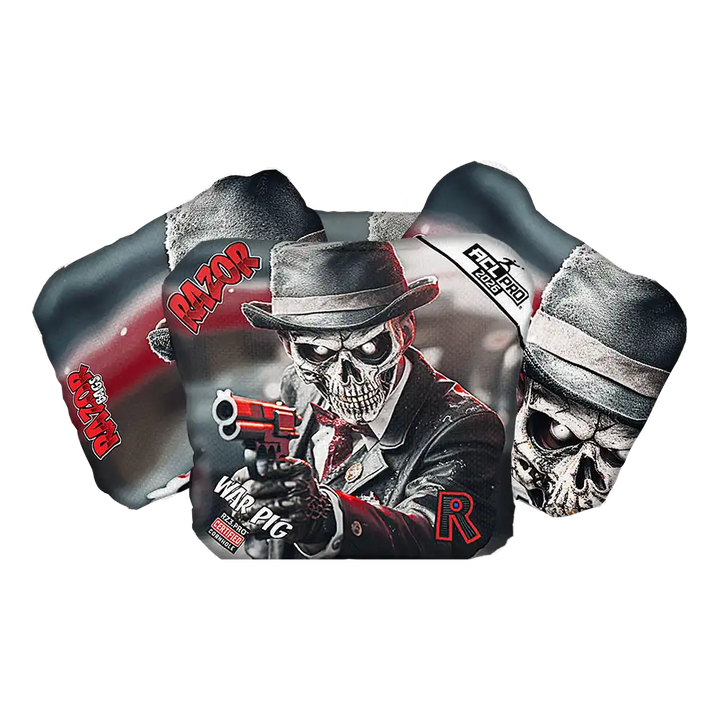 Cornhole bags with a skull in a hat and coat design, featuring the brand 'Razor'.