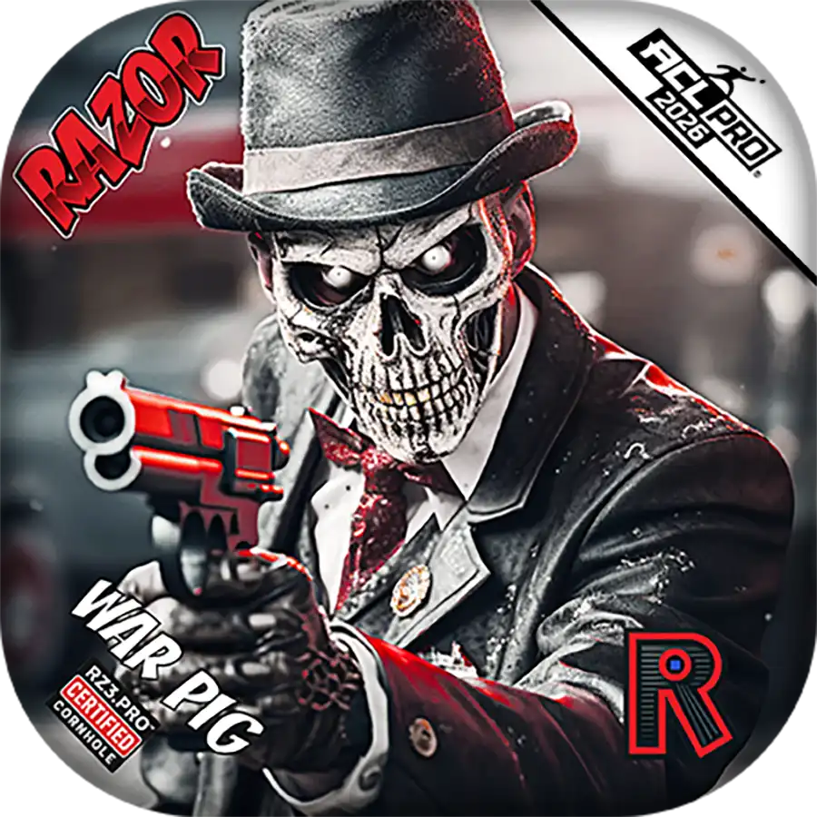 Cornhole bags with Character with skull mask and hat wearing a suit, on a dark background with 'RAZOR' branding.
