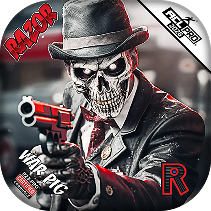 Cornhole bags with Character with skull mask and hat wearing a suit, on a dark background with 'RAZOR' branding.