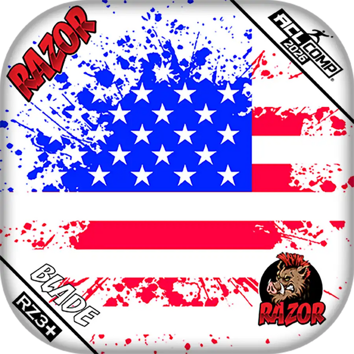 Cornhole bag with American flag design and Razor branding on a white background