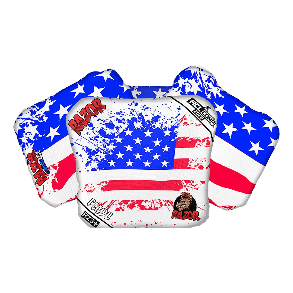 Cornhole bag with American flag design and 'Razor' branding on a white background.