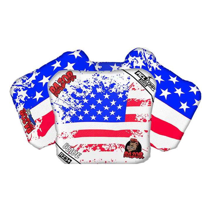 Cornhole bag with American flag design and 'Razor' branding on a white background.