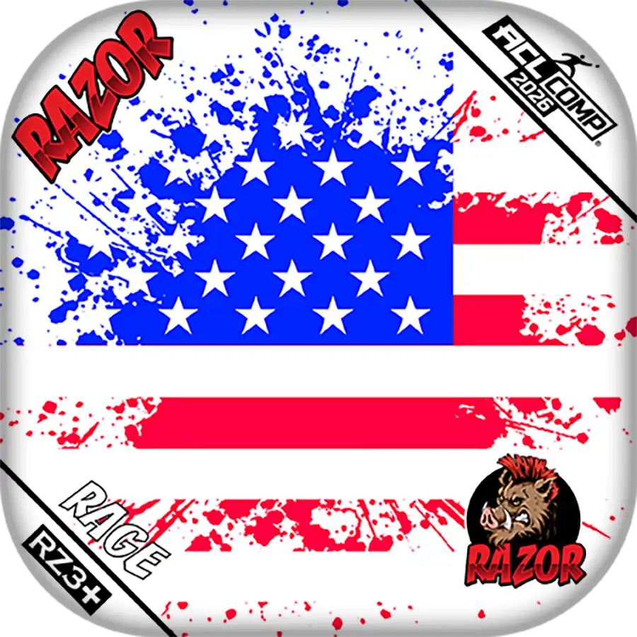 Cornhole bag with American flag design, Razor branding, and splatter effects.