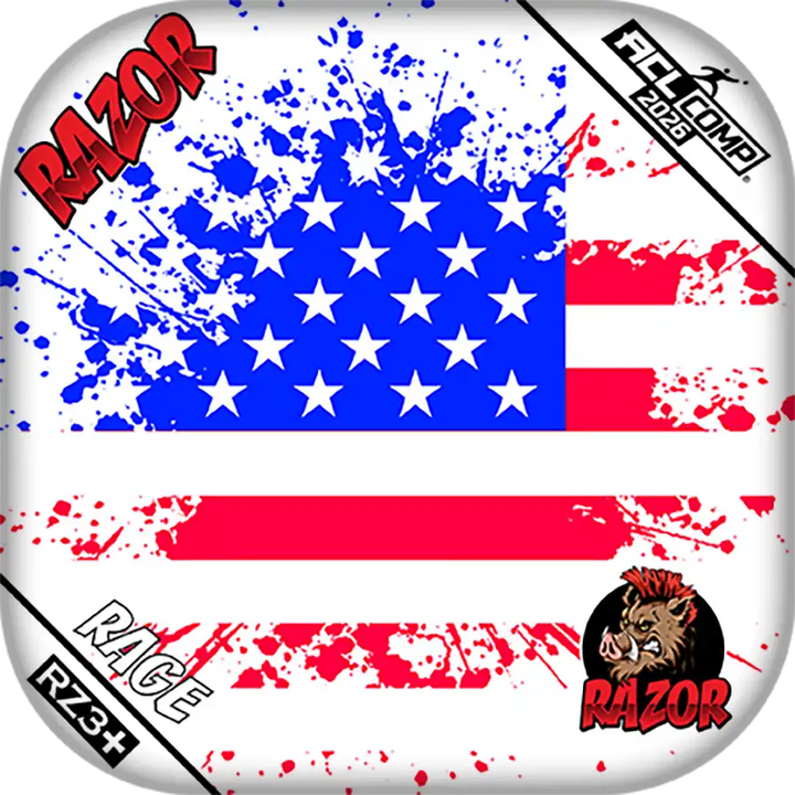 Cornhole bag with American flag design, Razor branding, and splatter effects.